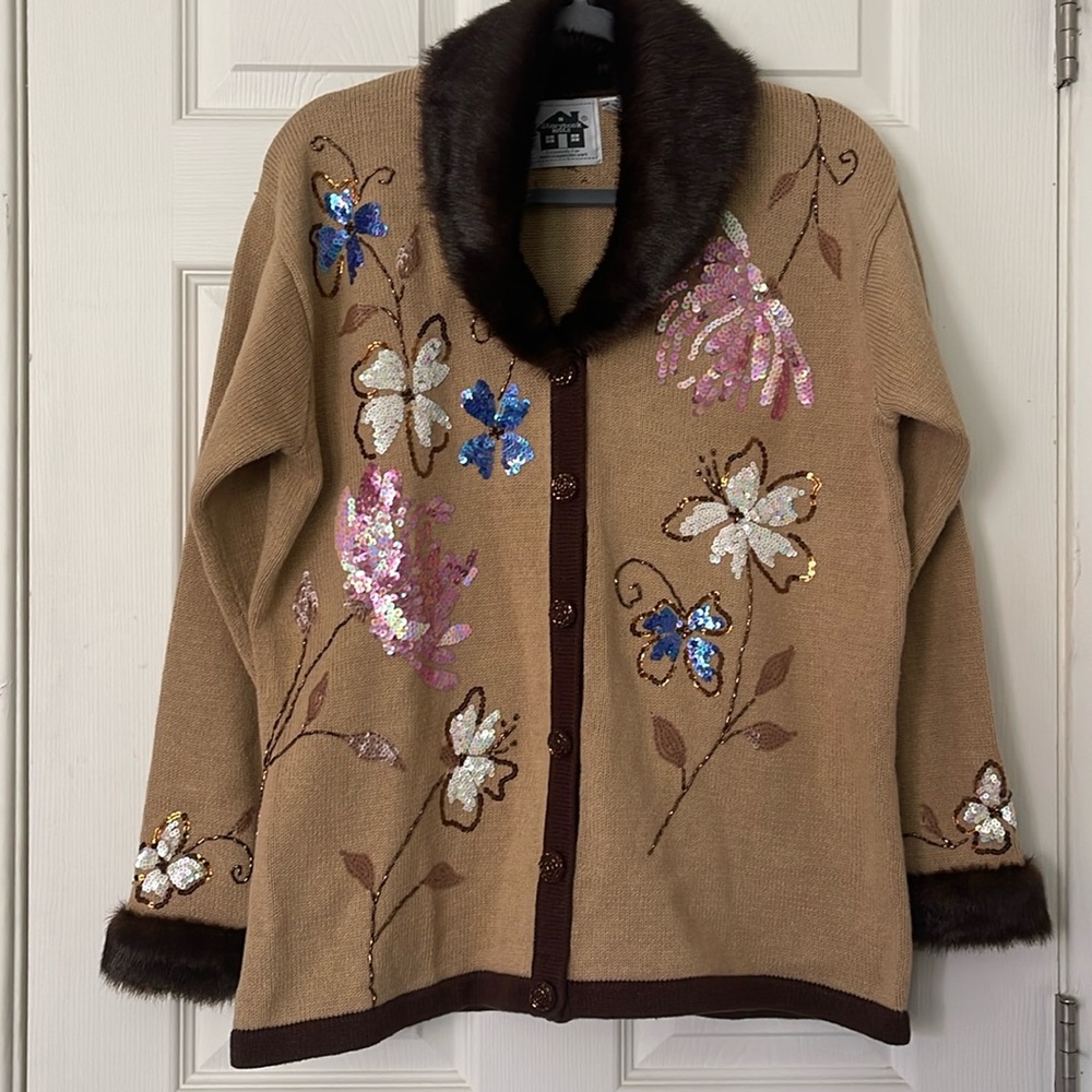 Vintage Storybook Knits Sweater Sequence Flowers Faux Fur Collar Size L Floral